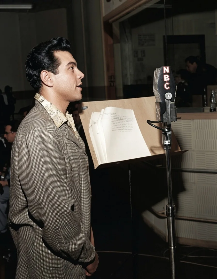 Recording one of his radio shows, 1952
